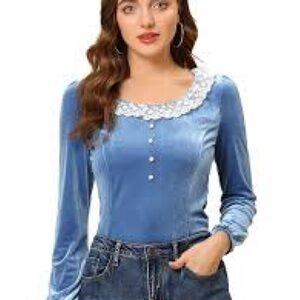 Allegra K Blue Velvet Blouse with Lace Trim